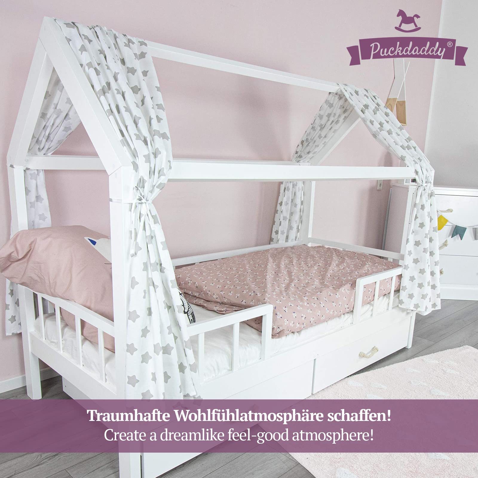 puckdaddy-hausbett-vorhang-freya-wei-sterne-design-2-teilig-100-baumwolle image 2