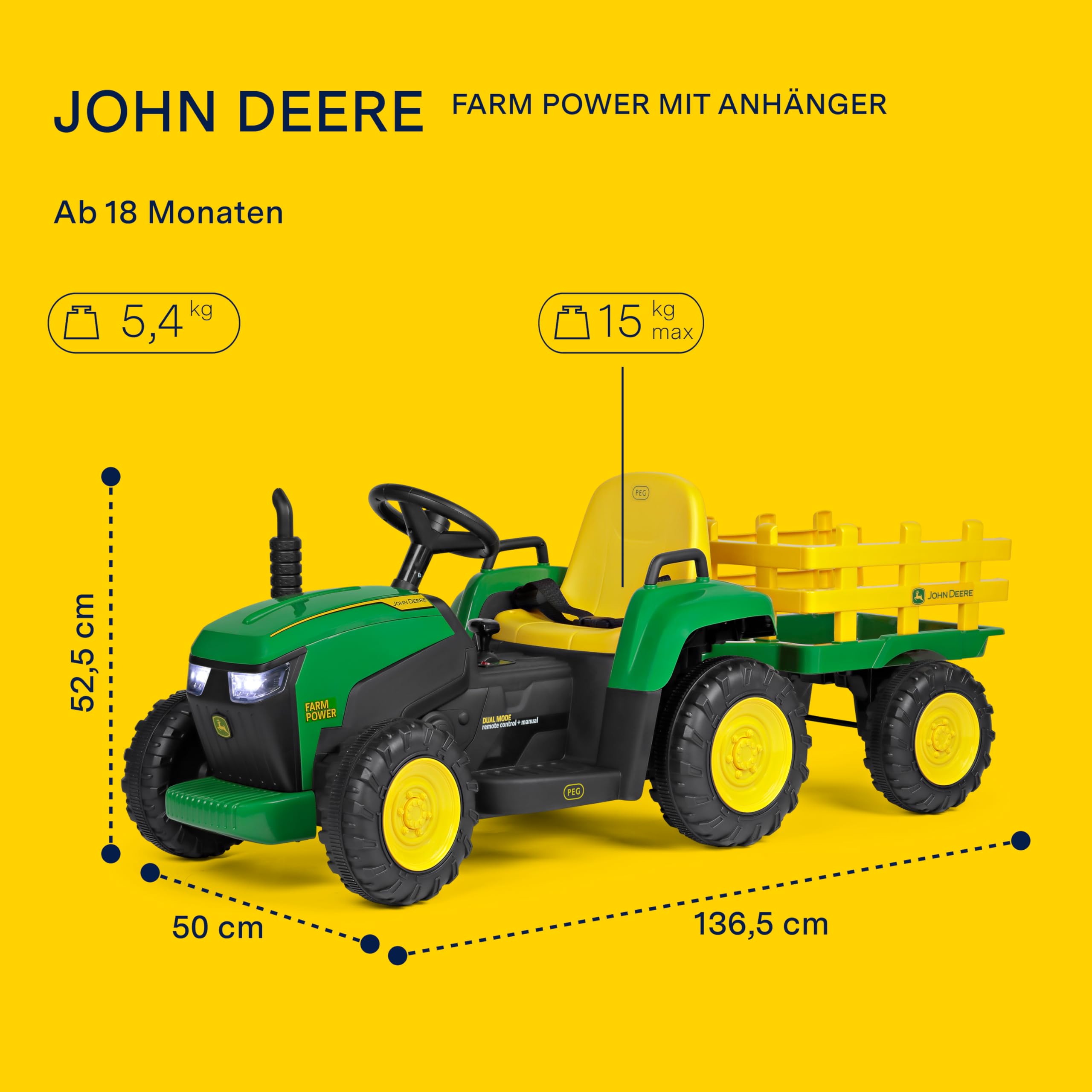 peg-perego-john-deere-farm-power-elektrotraktor-mit-funksteuerung-und-anh-nger-a image 2